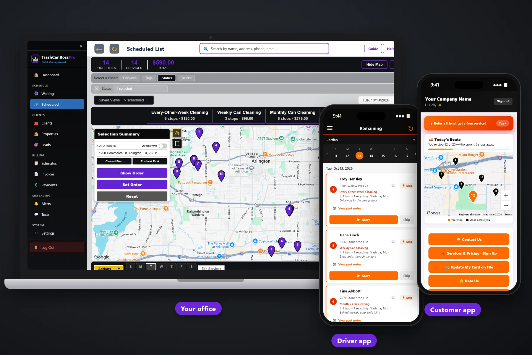 TrashCanBossPro on a laptop showing the service waiting list and dispatch map, with the tech app and the customer app on two phones